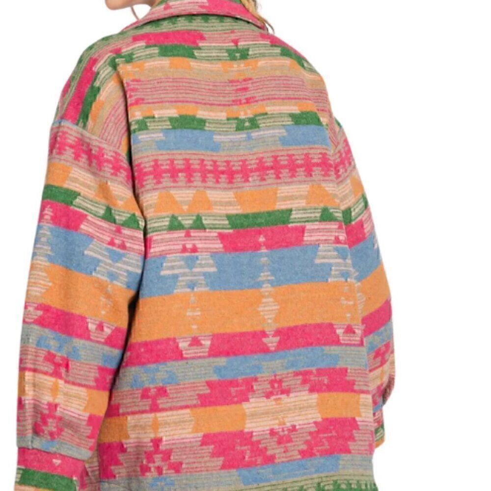 Aztec Western Colorblock Long Shacket Color Block Ethic Button Jacket M - Picture 2 of 6